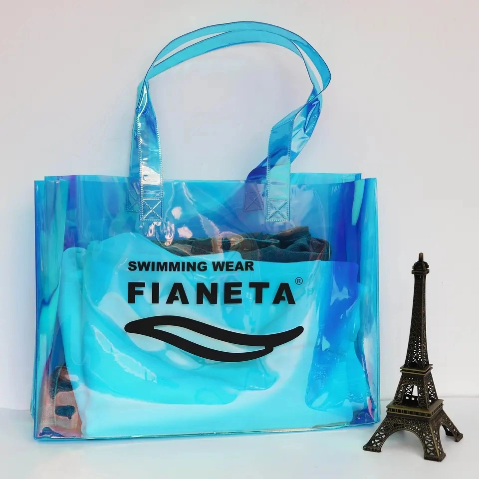 Custom Fashion Shopping Transparent Clear Iridescence PVC Holographic Tote Bag Cloths Cosmetic Packaging Plastic Mirage Handbag