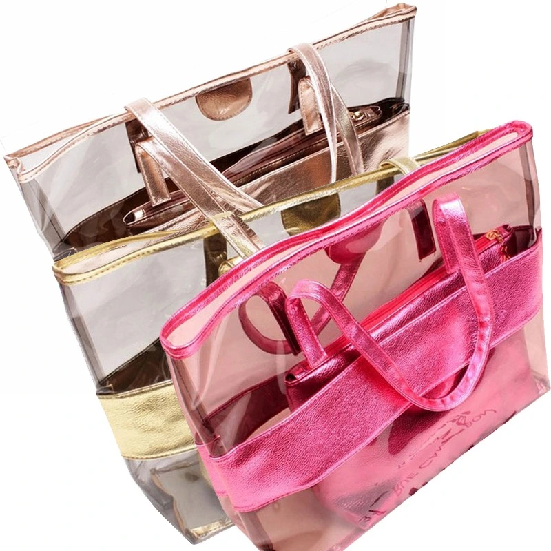 Custom Fashion Shopping Transparent Clear Iridescence PVC Holographic Tote Bag Cloths Cosmetic Packaging Plastic Mirage Handbag