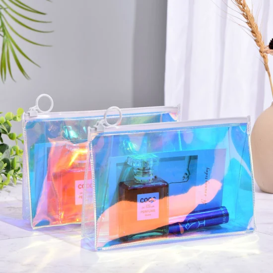 Bolsa de aseo transparente iridiscente Bolsas de maquillaje con cremallera de PVC holográfica impermeable