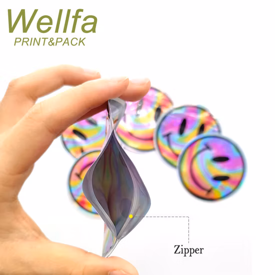 Bolsas resellables con forma 3.5 Empaque de dulces en polvo Sello a prueba de olores Logotipo Gramos Impresión holográfica pequeña de bolsas de Mylar personalizadas